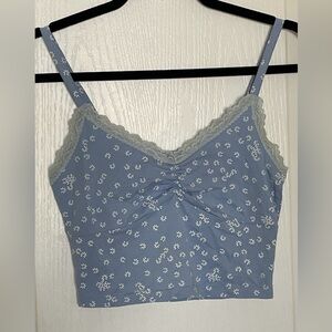 Light blue and white ditsy floral ribbed cropped lace-trim cotton stretch cami